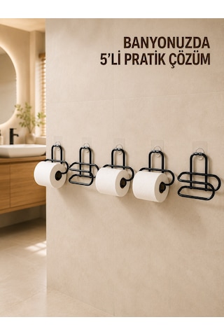 5 Adet Duvara Yapışkanlı Wc Kağıtlık Delmeden Montaj Siyah Metal Tuvalet Kağıdı Askısı