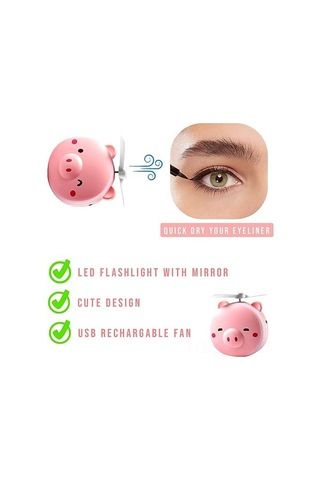 "mini 2-in-1 Usb Rechargeable Cosmetic Fan With Led Mirror, Pink Piggy Design, Portable For Makeup & Cooling"