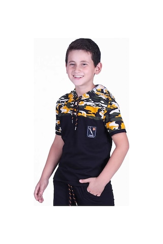 Kamuflaj Desenli Kapşonlu Sarı Erkek Çocuk T-shirt Sarı