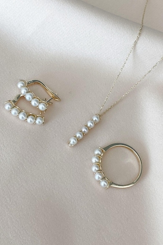 Beş Doğal İncili Küpe Kolye Yüzük Üçlü Set - 9 / Sarı