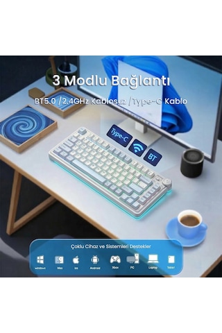 Aula Au75 3 Modlu Mekanik Gaming Kablosuz Klavye Rgb Tkl Hot Swap Star Vector Switch Makrolu Oyuncu Klavyesi Buz Mavisi