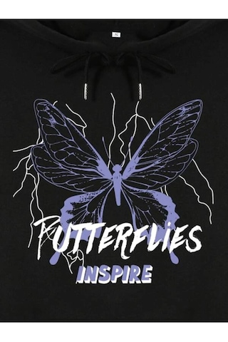 Unisex Siyah Butterfly Baskılı Oversize Kapşonlu Sweatshirt 001