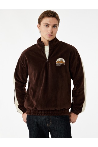 Koton Regular Fit Renk Bloklu Nakışlı Yarım Fermuarlı Polar Sweatshirt Kahverengi 7wam70050mk Kahve