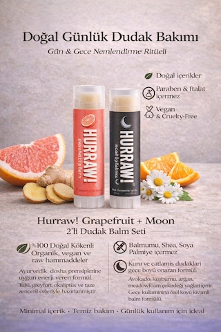 Hurraw Moon Ve Pink Grapefruit Dudak Balmı 2 Li Set %100 Doğal Vegan Günlük Ve Gece Bakım