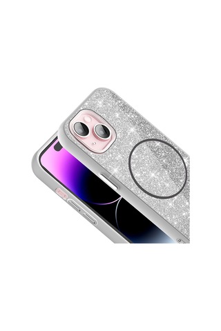 Apple Uyumlu iPhone 15 Kılıf Magsafe Şarj Özellikli Parlayan Simli Okso Kılıf Beyaz