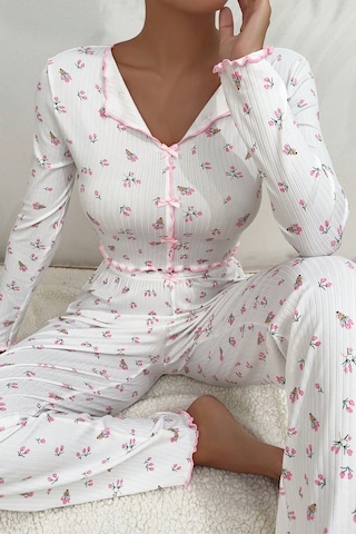 Merry See Baskılı Özel Kumaş Pijama Takımı Beyaz