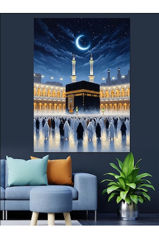 Ay Işığı Altında Kabe Görseli Dekoratif Kanvas - Mdf Ahşap Tablo