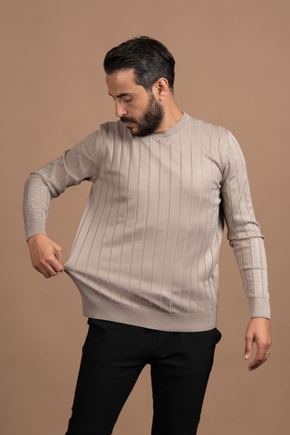 Sıfır Yaka Kendinden Çizgili Likralı Akrilik Mevsimlik Kazak Açık Kahverengi