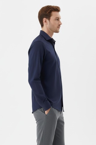 Sabri Özel Erkek Lacivert Dar Kesim Slim Fit %100 Pamuk Dokuma Uzun Kollu Klasik Yaka Gömlek