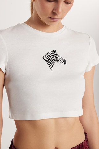 Tudors Kadın Slim Fit Dar Kesim %100 Pamuk Bisiklet Yaka Baskılı Beyaz Crop Tişört-33684 Beyaz