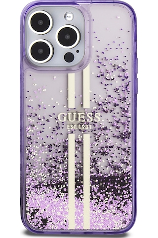 Apple Uyumlu iPhone 14 Pro Max Kılıf Guess Lisanslı Transparan Sıvılı Simli Altın Çizgili Kapak Mor