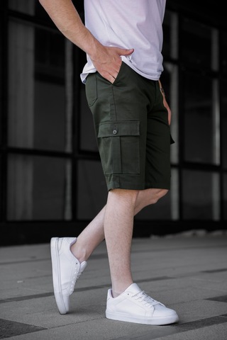 Haki Renk Kargo Cepli Gabardin Erkek Şort-1801 Haki
