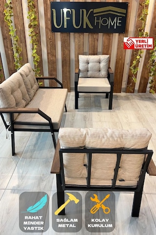 Ard & Garden 2 1 1 Balkon Takımı, Çay Seti, Metal Koltuk Takımı, Bahçe Takımı, Bahçe Mobilyası Bej