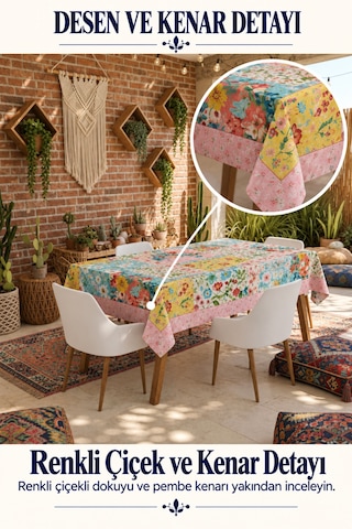 Vivanni Home Yıkanabilir Dikdörtgen Masa Örtüsü Günlük Kullanıma Uygun Pratik Ve Uzun Ömürlü Çiçekli Parçalı