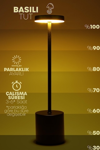 Şarjlı Masa Lambası Metal Abajur Dokunmatik 3 Işık Parlaklık Ayarlı Gece Masa Üstü Lamba Siyah 704 Siyah