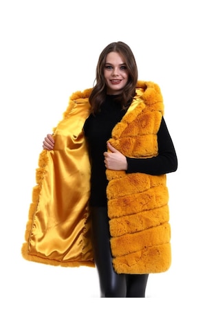 Dogutrend Kapşonlu Peluş Kürk Yelek Premium Kalite, Tam Astarlı, Uzun Model - Sarı