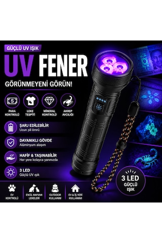 İdragon Sv85 Şarj Edilebilir Uv Fener, 3 Led Güçlü Uv El Feneri, Para Kontrol, Mineral Ve Leke Tespit Feneri Siyah