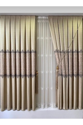 Mza Fon Perde Damask Çiçek Avangard Desen 1\3 Sık Pile Tek Kanat Braçöl Hediyeli Bej