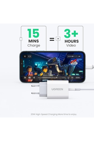 Ugreen 20W PD Şarj Cihazı ve Type-C to Lightning Apple Uyumlu iPhone Data Şarj Kablosu 1 Metre