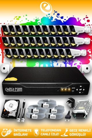 Elitcam 32 Kameralı Süper 32 Dış Kamera Set 100 GB 5 MP 2K Net Renkli Gece Görüşlü Güvenlik Kamerası Sistemi