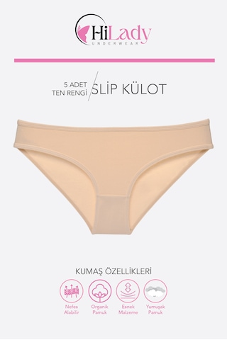 Kadın Külot, 5li Paket Karışık Renkli Slip Külot Rahat Pamuklu Yumuşak Kumaş Ten