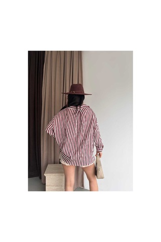 Unika Boutique Çizgili Oversize Gömlek Bordo