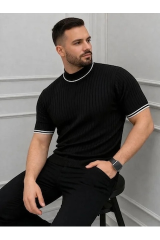 Vexor Erkek Fitilli Triko Dokuma Kısa Kol Tişört Yarım Boğaz Modern Yazlık T-shirt - Siyah