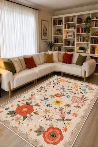 Krem Çiçekli Dijital Baskı Halı Kaymaz Tabanlı Yıkanabilir Halı Yolluk Salon Halısı141