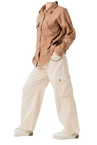 Kız Çocuk Keten Kumaş Zincir Detaylı Gömlek Ve Kargo Cepli Bol Paça Pantolon Takımı Açık Kahverengi