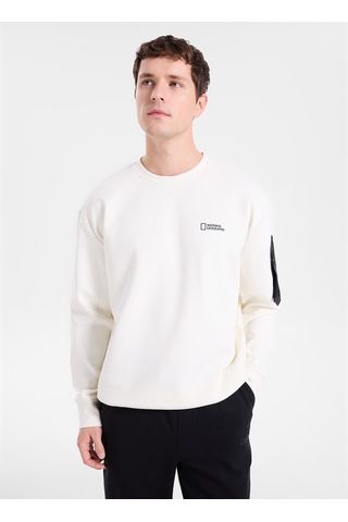 National Geographic N6wm-swt4150 Krem Erkek Bisiklet Yaka Baskılı Relaxed Triko Sweatshirt