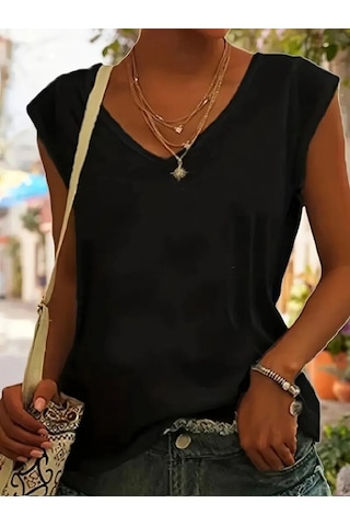 Modasize Kadın Kısa Kollu V Yakalı Viskon Bluz Siyah