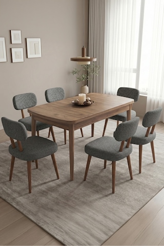 Hopii Bohem 80x132 Büyüyen Masa Antik Çam Doğal Ahşap Yemek Masası Mutfak Masası Takımı 6 Sandalye Haki