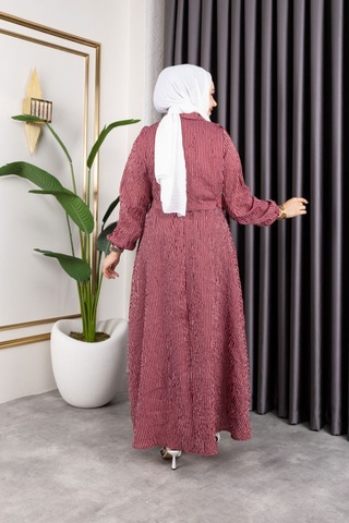Hira Life Fashion Kadın Bordo Tesettür Giyim Gömlek Detaylı Çizgili Viskon Kıraş Elbise İkili Takım Bordo Bordo