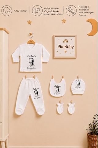 Pia Baby Erkek Bebek İsimli Hastane Çıkışı Seti 5'li Zıbın Takımı Penye Bebek Battaniyesi Ve Ham Bez Kıyafet Kesesi 2022bzk0x Krem