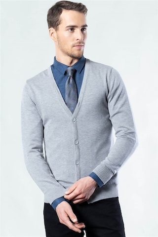 Tudors Erkek Slim Fit Düğmeli Düz Pamuklu Gri Hırka-15253 Gri