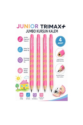 Pembe Jumbo Kurşun Kalem Oluklu 4 Adet Alpino Trimax Üçgen Oluklu Kalın Kalem Pastel Renkler Kolay Tutuş Ve Kullanım