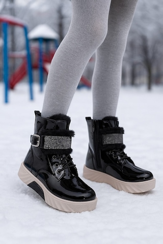 Günlük Kız Çocuk Rugan Bot Fermuarlı Lastik Bağcıklı Kürk Ve Taş Detaylı Kaymaz Taban Bootie 391 Siyah-rugan