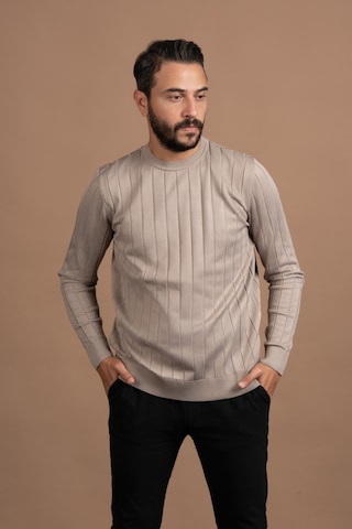 Sıfır Yaka Kendinden Çizgili Likralı Akrilik Mevsimlik Kazak Açık Kahverengi