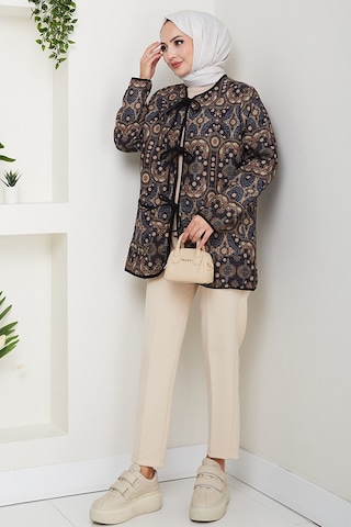 Etnik Desen Bağlamalı Kapitone Ceket 1618 - Siyah Siyah