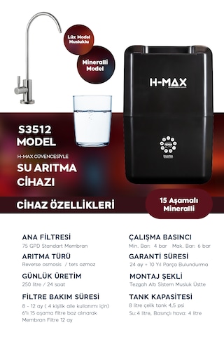 8 Litre 15 Aşama Mineralli 75 Gpd Su Arıtma Cihazı Hmaxs3512
