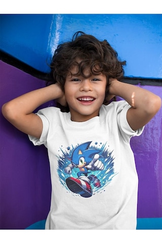 Sevbano Süper Sonic Baskılı Unisex Çizgi Film Çocuk Tişört 1-12 Yaş Beyaz