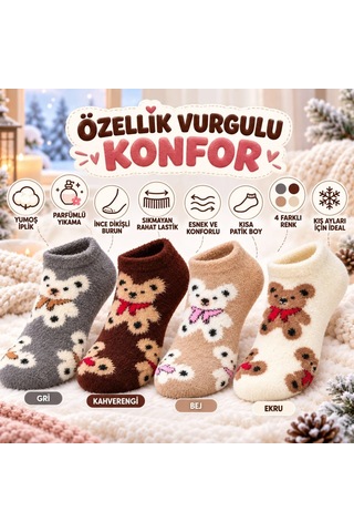 Bezos Kadın Ayıcık Desenli Patik Çorap 4'lü Set Peluş Yumuşak Sıcak Parfümlü Kışlık Rahat Çorap Seti 22 Çok Renkli