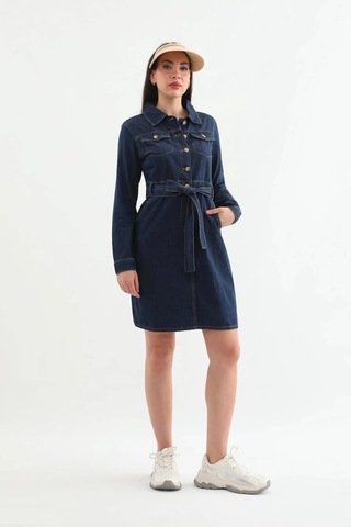 Banny Jeans Kadın Kuşaklı Uzun Kollu Elbise Lacivert