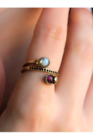 İkili 3mm Doğal Taşlı Antik Kadın Yüzük Dentirit Opal Granat Lal Taşı Euy32og Kırmızı