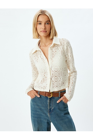 Koton Crop Kroşe Gömlek Ajurlu Uzun Kollu Slim Fit Ekru 5wak60015ek