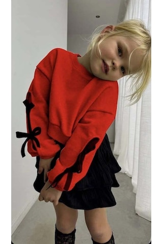 Miniko Kids Kız Çocuk Kol Detaylı Fiyonklu Etekli Takım Kırmızı