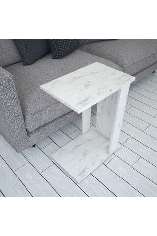 Pasific Home Single Çok Amaçlı Tekerlekli C Sehpa ,Koltuk Sehpası - Beyaz Mermer