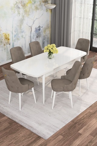 Mona Beyaz 80x132 Açılabilir Mdf Masa Yemek Odası Takımı, Mutfak Takımı 6 Adet Sandalye Beyaz Masa - 6 Cappuccino - Beyaz Ayak