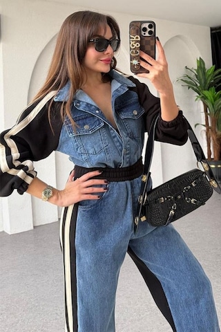 Kadın Kot Garnili Siyah Şeritli Palazzo Alt Üst Takım Çok Renkli