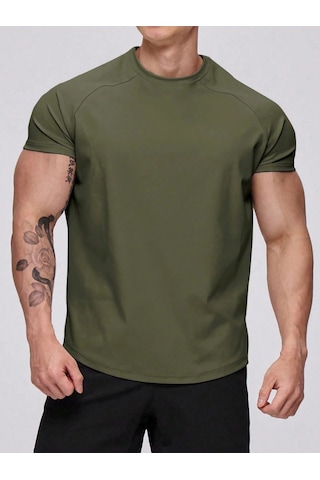 Genius Store Erkek Spor Tişört Running Sports Gym Reglan Oval Kesim Penye T-shirt Ovalt-shirt Haki